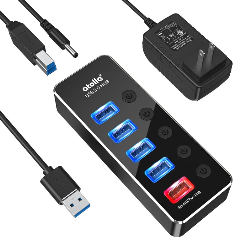 atolla Powered USB Hub, atolla Aluminum 5-Port USB 3.0 Hub with 4 USB 3.0 Data Ports and 1 USB Smart Charging Port, USB Splitter with 5V/3A Power Adapter and Individual Switches - Image 1